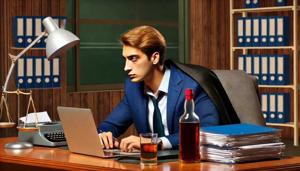 lawyer working late with a bottle of booze on his desk